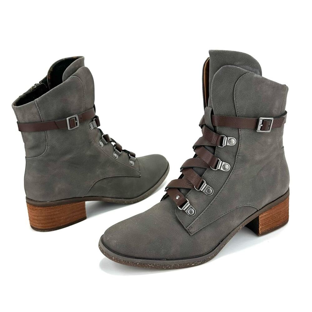 Kork-Ease Reese Gray/Greenish Laced Bootie Sz 7.5 Leather Block Heel Ankle Boot